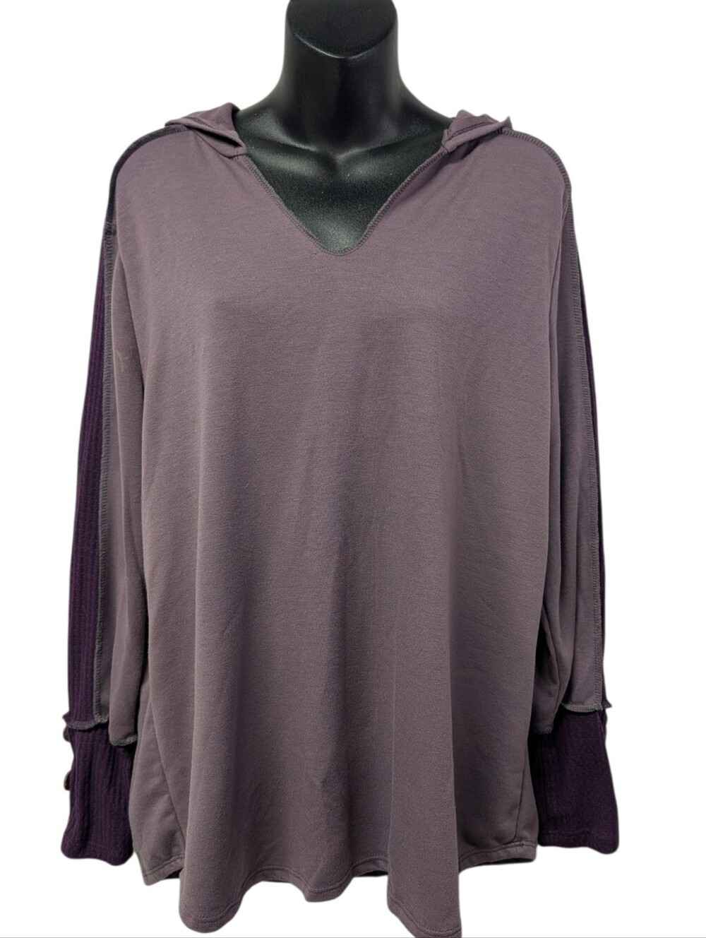 BiBi Soft Stretch Hooded Tunic Top Purple Mauve Color Block Waffle Knit Sleeves